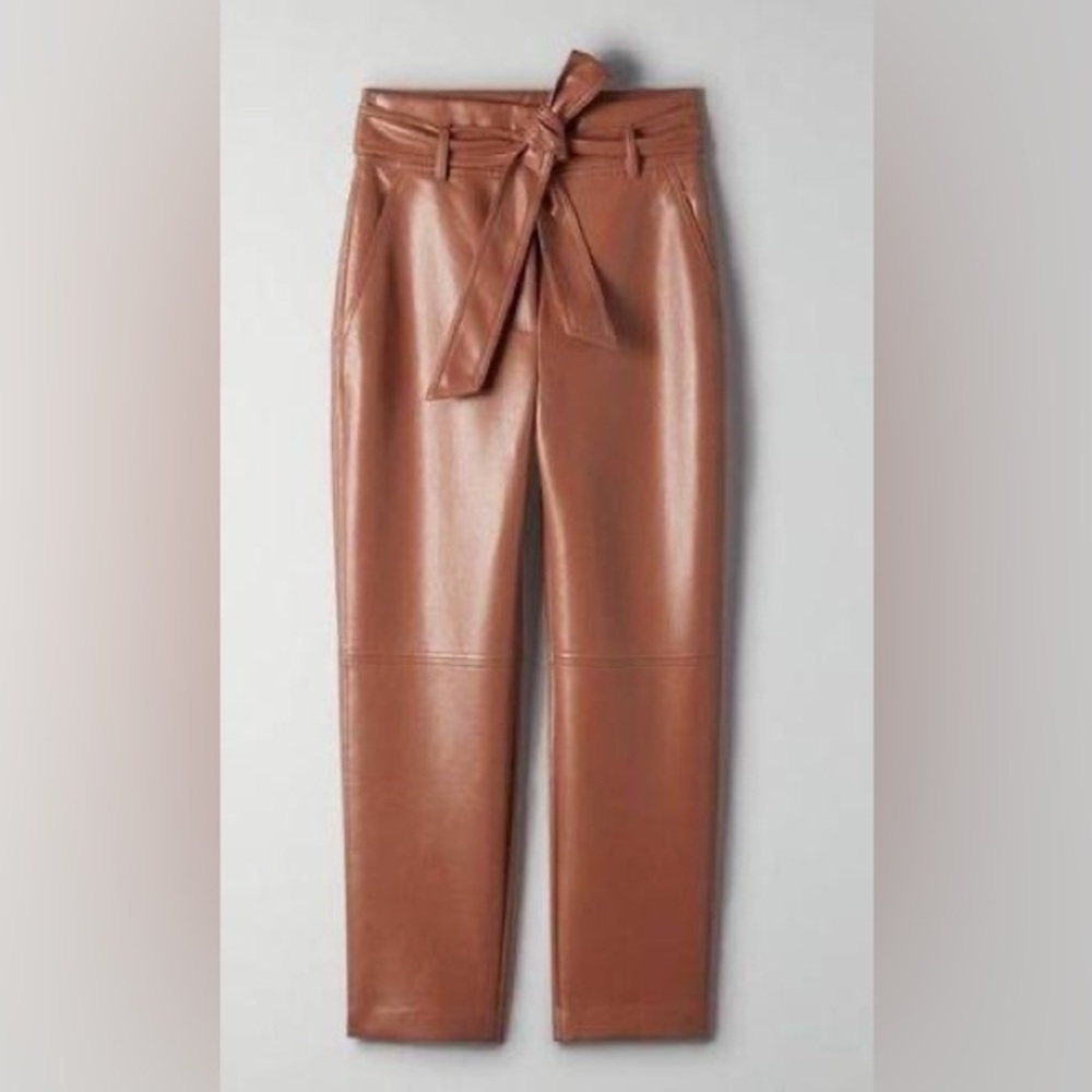 NWT Aritzia Wilfred High Tied Faux Leather Pants in Cinnamon Brown